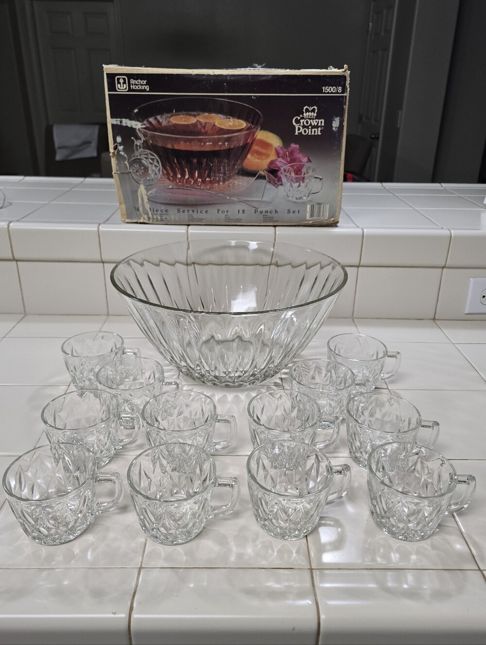 Vintage Anchor Hocking Clear Glass Punch Bowl and 12-Piece Cup Set